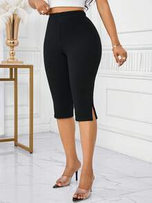 SHEIN Lady 2025 New Women's Black Solid Color Pants, Fashionable For Summer Split Hem Leggings Fall Clothes For Women Halloween  Chic Women's Pant