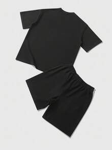 ROMWE MEN Casual Conjunto de camisetas para hombre, diseño americano de calle con efecto cebra, estampado gráfico en inglés, conjunto de manga corta - Gris - Ver 2