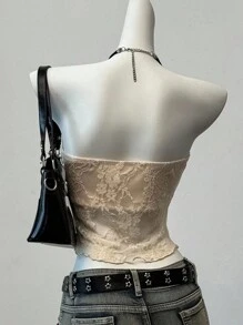 SHEIN EZwear 女士性感休闲蕾丝面料不对称下摆紧身抹胸式抹胸上衣，性感上衣 - 杏色 - 查看 2