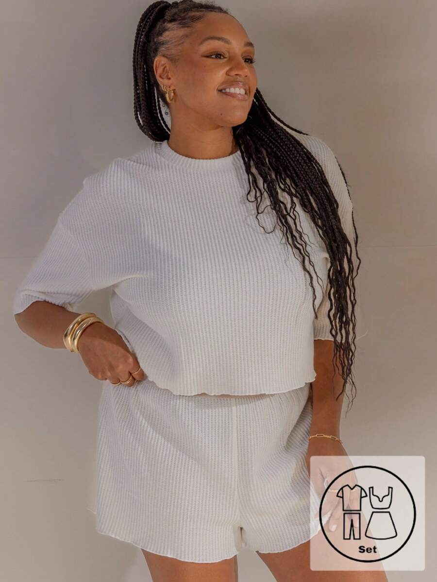 Aralina Curve Sleepwear Fall Winter Brushed Waffle T-Shirt And Short Two Pieces Loungewear Set - Apricot - View 1