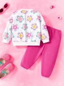 THE POWERPUFF GIRLS X SHEIN 2 件女婴可爱花卉、泡泡、毛茛图案圆领长袖运动衫和撞色裤子宽松秋冬套装 - 粉色 - 查看 3