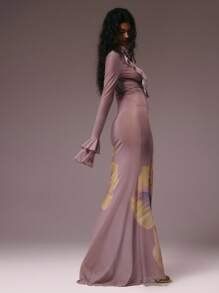 MUSERA 透视超低 V 领荷叶边花卉印花网眼长袖超长连衣裙围脖前部花卉印花不对称下摆连衣裙秋冬秋夏季假期夜间外出约会之夜婚礼宾客生日俱乐部性感早午餐外出游轮派对优雅伊比沙岛场合少女可爱