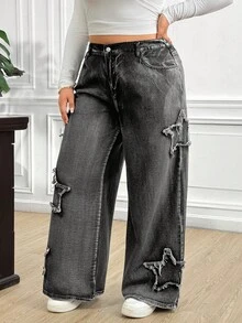 Truni Awkwardfatgirl Plus Size Women Frayed Edge Star Pockets Wide Leg Loose Casual Jeans, For Pear Triangle Body Shape - Black - View 5