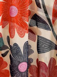 Soleia Plus Size Women's Vacation Knit Mesh Vintage Floral V-Neck Long Flare Sleeve Front Tie Blouse,Fall Clothes For Women - Multicolor - View 8