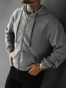Manfinity CasualCool 男士休闲纯色抽绳连帽衫 - 灰色 - 查看 1