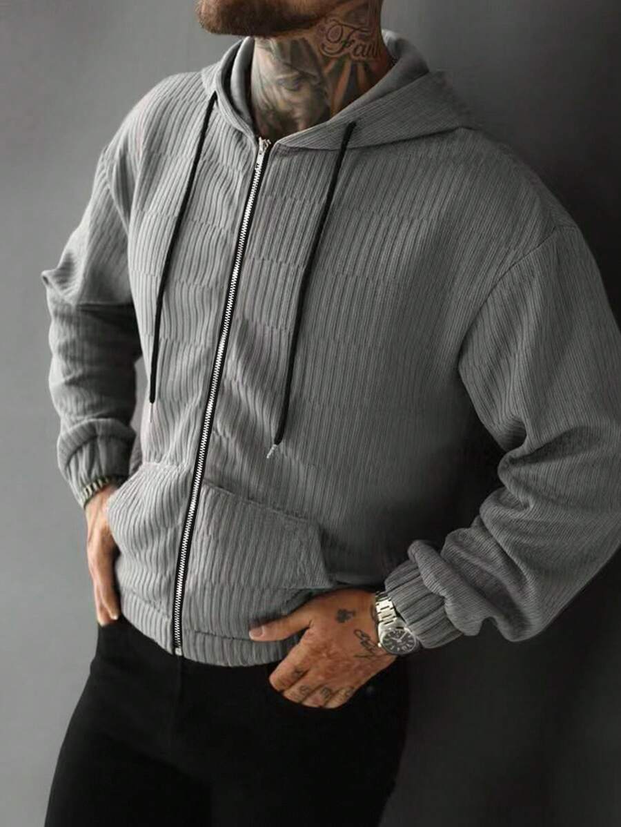 Manfinity CasualCool 男士休闲纯色抽绳连帽衫 - 灰色 - 查看 1