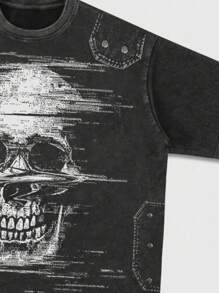 ROMWE MEN Goth 男士休闲水洗骷髅印花短袖T恤 - 黑色 - 查看 3