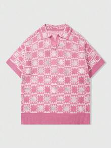 ROMWE MEN Casual 男士全格纹休闲宽松针织短袖上衣 - 粉色 - 查看 1