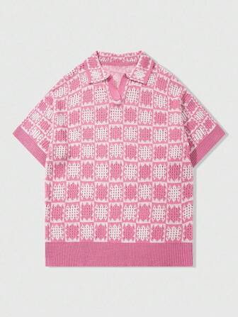 Street Life Men's All-Over Plaid Print Casual Loose Knit Short Sleeve Top