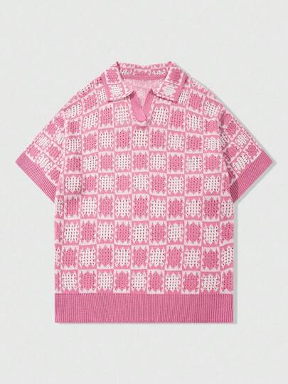 Prep Herren Lässiges Kurzarm Top mit Allover Karomuster, locker gestrickt