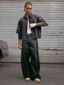 AXEPEAK 翻领短袖宽松短款印花男士衬衫 - 黑色 - 查看 5