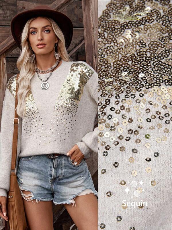 LanaWest Women's New Fashion Sequin Embellished Crew Neck Pullover Long Sleeve Knit Sweater Knit Pullover Fall Winter Outfit