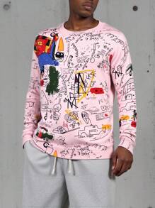Manfinity Homme Men's Christmas Family Cartoon Pattern Men Sweater Casual Crew Neck Long Sleeve Sweater, Christmas - Baby Pink - View 3