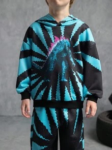 GODZILLAxKONG X SHEIN 男童两件套连帽长袖运动衫和裤子针织运动服套装 - 薄荷綠 - 查看 4