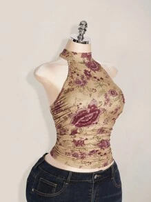 SHEIN ICON Plus Size Y2K Summer Going Out Boho Western Country Concert Women's Sexy Backless Floral Print Halter Neck Top, Summer Halter Tops For Women Vintage Halter Top,Back To School