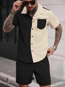 Manfinity Dauomo Men's Contrast Color Minimalist Short Sleeve Shirt And Solid Shorts Set For Daily Wear - Multicolor - View 5