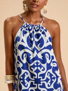 Travachic Sukienka mini z nadrukiem na całej powierzchni i odkrytymi ramionami na wakacje - Niebieski i biały - Zobacz 5