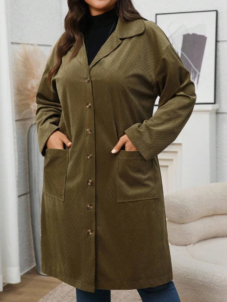 Plus Size Women's Green Country Casual Corduroy Single Breasted Long Jacket Coat With Pockets Fall Clothes For Women Winter Clothes Autumn