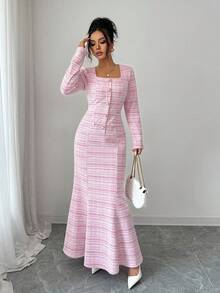 Elenzga Vestido de oficina elegante y romántico para mujer con cuello cuadrado, cintura ceñida y bajo de cola de pez - Multicolor - Ver 3