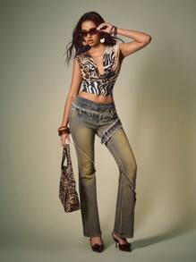 Shutterstock Y2Kool Áo crop top không tay cổ xếp ly họa tiết da báo ôm sát có mũ trùm đầu dành cho nữ, thích hợp cho tiệc tùng, Halloween, trở lại trường học, kỳ nghỉ Y2K, trang phục thường ngày vào mùa thu Áo họa tiết ngựa vằn Áo họa tiết động vật Áo crop top kiểu phương Tây gợi cảm - Cà phê nâu - Xem 4