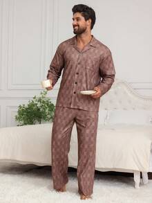 DAZY Plaid Brown Shirt Paired With Men's Casual Loungewear Set, Autumn Pajama - Brown - View 4