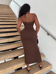 Alexandranx Women's Sexy Split Twist Knot Strapless Cropped Top & Skirt Set, Spring/Summer - Brown - View 2