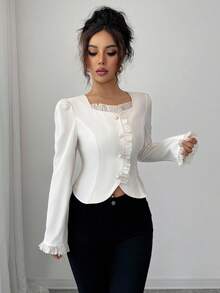 Elenzga Nouvelle blouse élégante à manches longues avec col carré et volants, couleur unie, automne