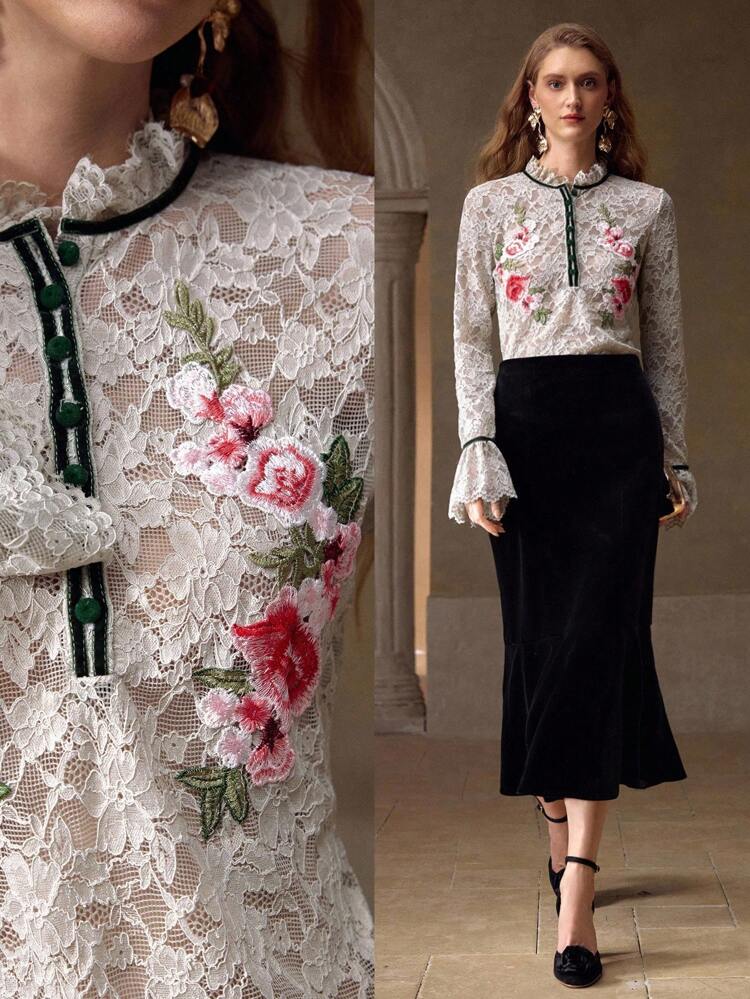 ELEGANT EMBROIDERY FLORAL APPLIQUES FLARE SLEEVE CONTRAST PIPING LACE SEMI-SHEER BLOUSE
