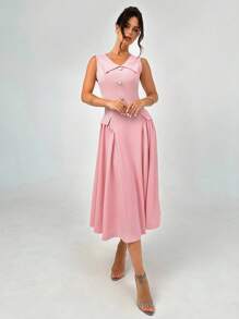 Firerie Women's Soft Pink Summer Elegant Tea Party Dress, Lapel Pearl Button Low Waist A-Line Mid-Length Sleeveless Graduation Teacher Outfits - Pink - View 3