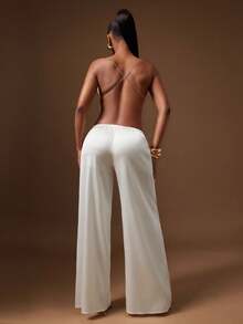 Denimoi Drawstring Waist Satin Wide Leg Trousers Pants Date Night GNO Dinner - White - View 4