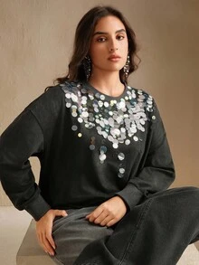 Anewsta 大码复古优雅圆领长袖亮片装饰运动衫，春秋季 - 灰色 - 查看 7