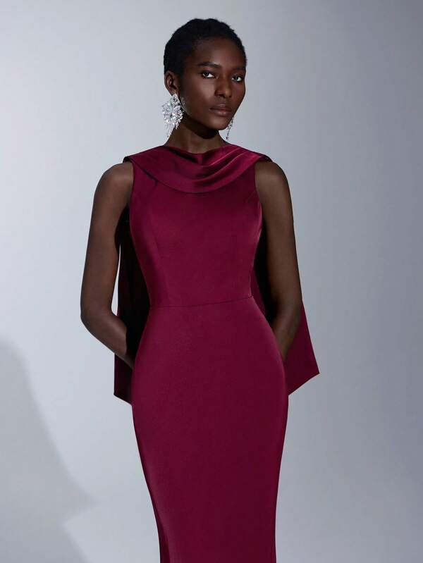 Elitara Elegant And Gorgeous Wine Red Luxury Satin Small Swing Collar Large Backless Fishtail Skirt Suitable For Wedding Formal Occasions Date Party Formal Occasion Bridesmaid Dress