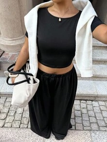 Dripcurv Plus-Size Women's Black Suit, Pants Casual Suit, Two Pieces Outfits,Fall Two Pieces Suit,Fall Clothes Black Top 2pcs Set,Tween Girl Clothes,Concert Women Outfit Fitted Shirt Casual Set ,Two Pieces Set Plus - Black - View 3