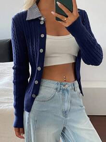 DAZY 女式格子拼布翻领长袖单排扣针织开衫 - 藏蓝色 - 查看 4