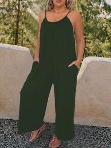 SHEIN Tall 大码女式夏季休闲无袖可调节细肩带阔腿波西米亚风连体裤