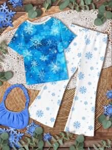 SHEIN ModeFlare Wear Young Girls' Casual Princess Print Cartoon Short Sleeve T-Shirt And Bell-Bottoms Two Pieces Set Suitable For Summer, For Christmas