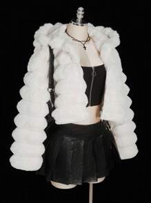 SHEIN ICON 加大码女式 Y2k 派对外出连帽拉链短款人造毛皮冬季女式夹克，时尚设计 - 白色 - 查看 1