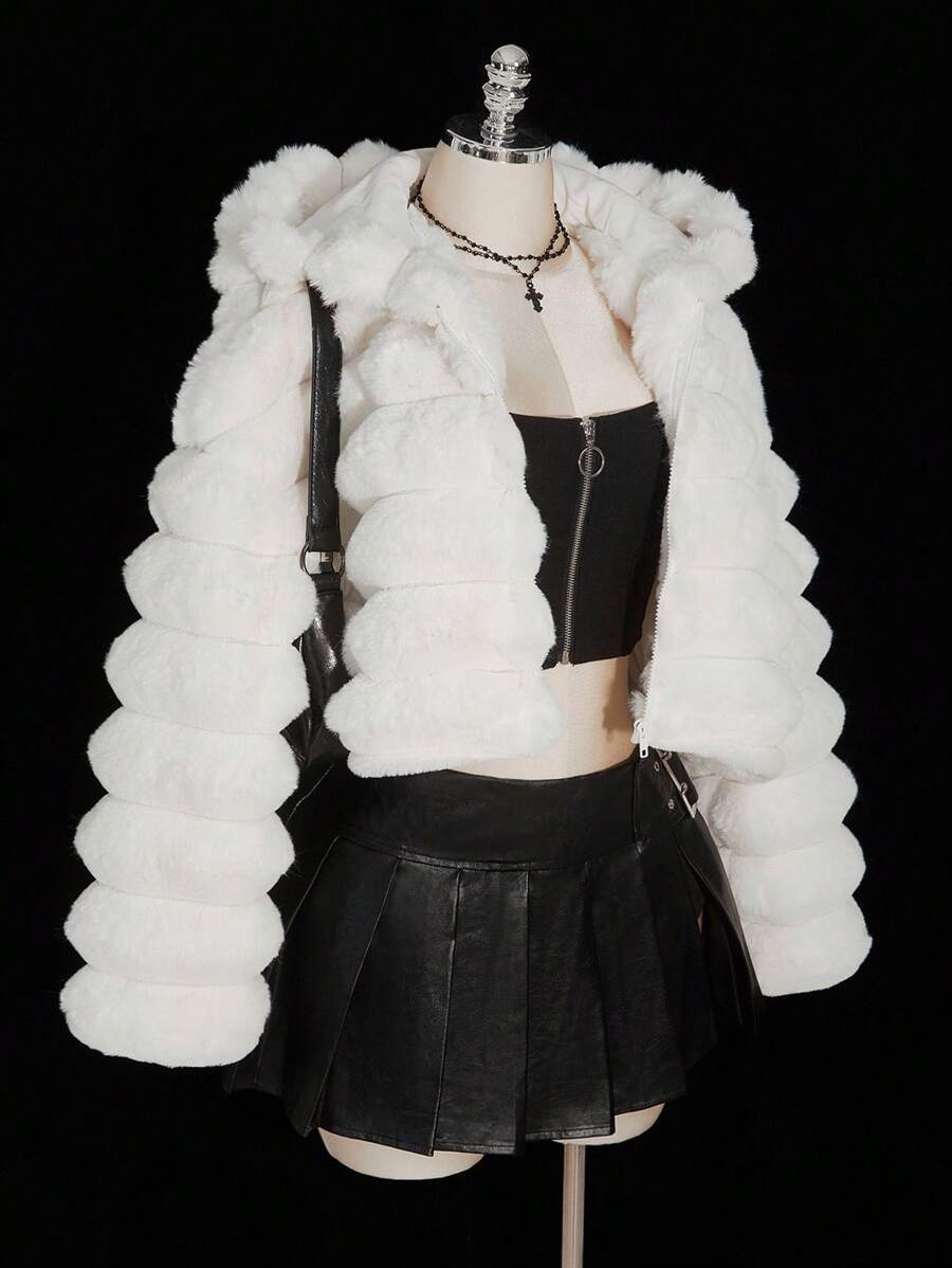 SHEIN ICON 加大码女式 Y2k 派对外出连帽拉链短款人造毛皮冬季女式夹克,时尚设计 - 白色 - 查看 1