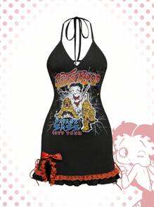 Betty Boop | ROMWE Y2K 老虎与卡通人物图案迷你连衣裙 - 黑色 - 查看 1