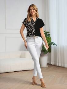 Shutterstock Glamance Women's Floral Print V-Neck Batwing Short Sleeve Casual Shirt Women Blouses Business Casual Tops For Women Short Sleeve Blouses For Women Paisley Print Tops V Neck Blouses Basic Tops - White - View 3