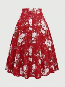 Franclia Women's Floral Print Side Knot Waist Elegant Skirt, For Vacation - Red - View 2
