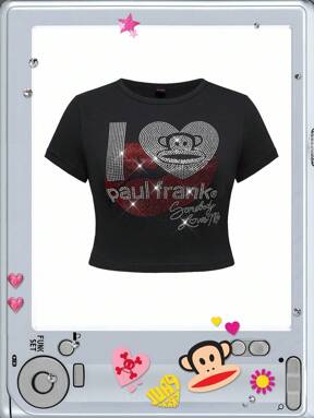 Paul Frank X ROMWE Plus Size Rhinestone Black Elastic Cartoon Pattern T-Shirt