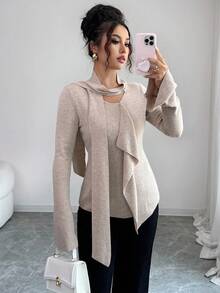 Elenzga Camiseta de manga larga con volantes asimétricos, jersey ajustado y ceñido de punto calado, top casual versátil de unicolor minimalista para el otoño - Camel - Ver 6