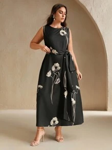 Anewsta 都市女式无袖花卉印花黑色长裙女装 - 黑色 - 查看 3