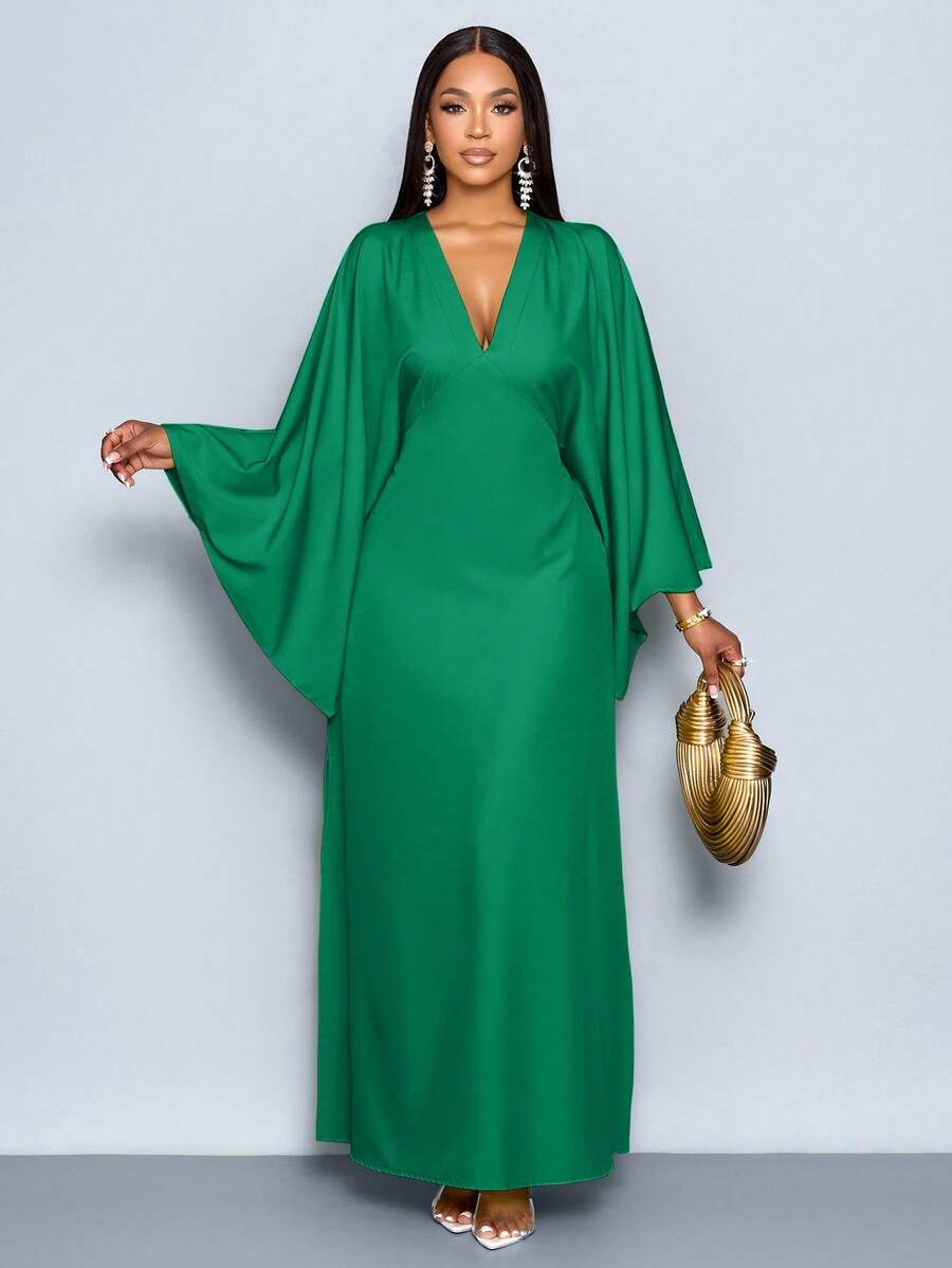 SOLERSUN Women's Deep V-Neck Flare Sleeve Dress Maxi Women Outfit Fall Cloth For Women - Dark Green - View 1