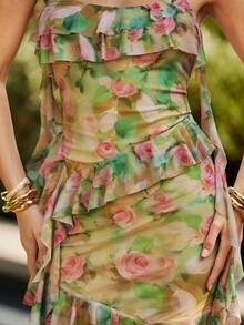 L'Amorae 鼠尾草粉色花卉网眼荷叶边不对称下摆夏季迷你裙 - 綠色 - 查看 2