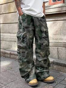 Manfinity Roughcore 男士复古渐变直筒工装裤，多口袋迷彩军旅风格长裤，男士街头复古染色长裤，多口袋迷彩裤，适合日常街头酷装，适合朋友、丈夫、男朋友的礼物，秋季 - 軍綠色 - 查看 1