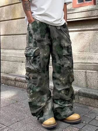 Manfinity Roughcore 男士复古渐变直筒工装裤，多口袋迷彩军旅风格长裤，男士街头复古染色长裤，多口袋迷彩裤，适合日常街头酷装，适合朋友、丈夫、男朋友的礼物，秋季