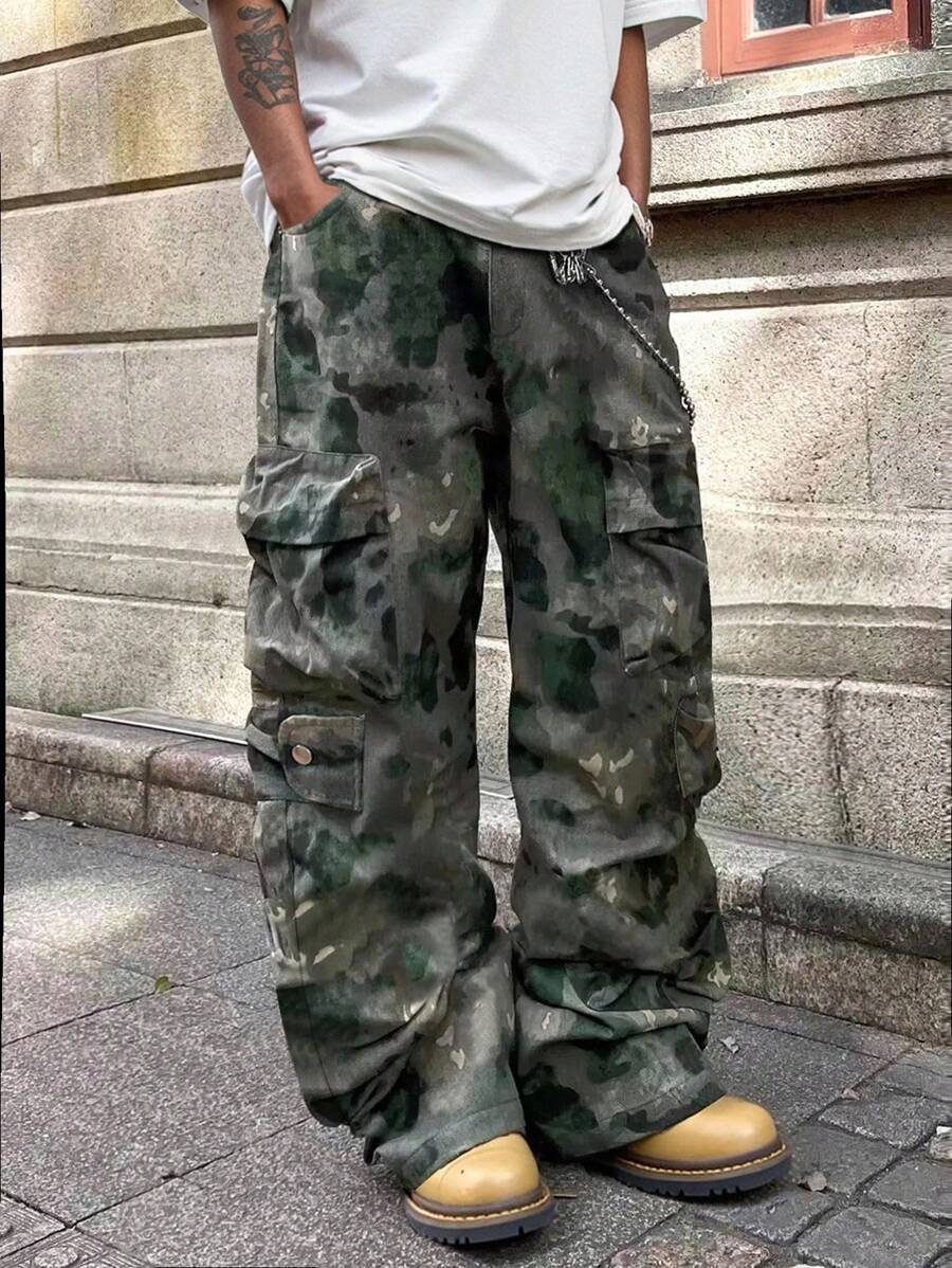 Manfinity Roughcore 男士复古渐变直筒工装裤，多口袋迷彩军旅风格长裤，男士街头复古染色长裤，多口袋迷彩裤，适合日常街头酷装，适合朋友、丈夫、男朋友的礼物，秋季 - 軍綠色 - 查看 1