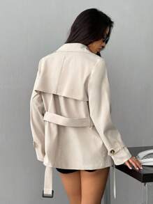 SHEIN PETITE 女士休闲通勤翻领双排扣风衣 秋冬女款风衣 - 卡其色 - 查看 2